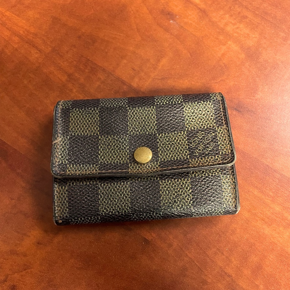 Louis Vuitton Damier Ebene Brown Checkered Compact Wallet with Gold Hardware